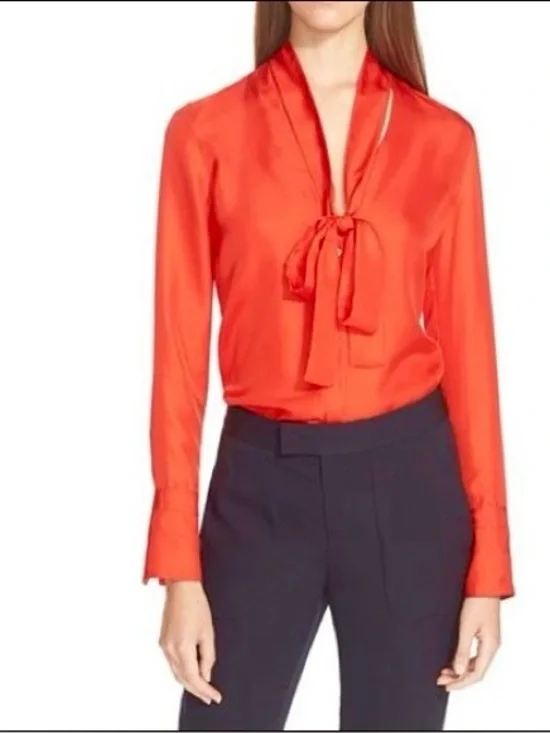 NWT. Rag & Bone. Florence Silk Tie Neck Blouse. Fiery Red. Size 6. - Picture 1 of 14